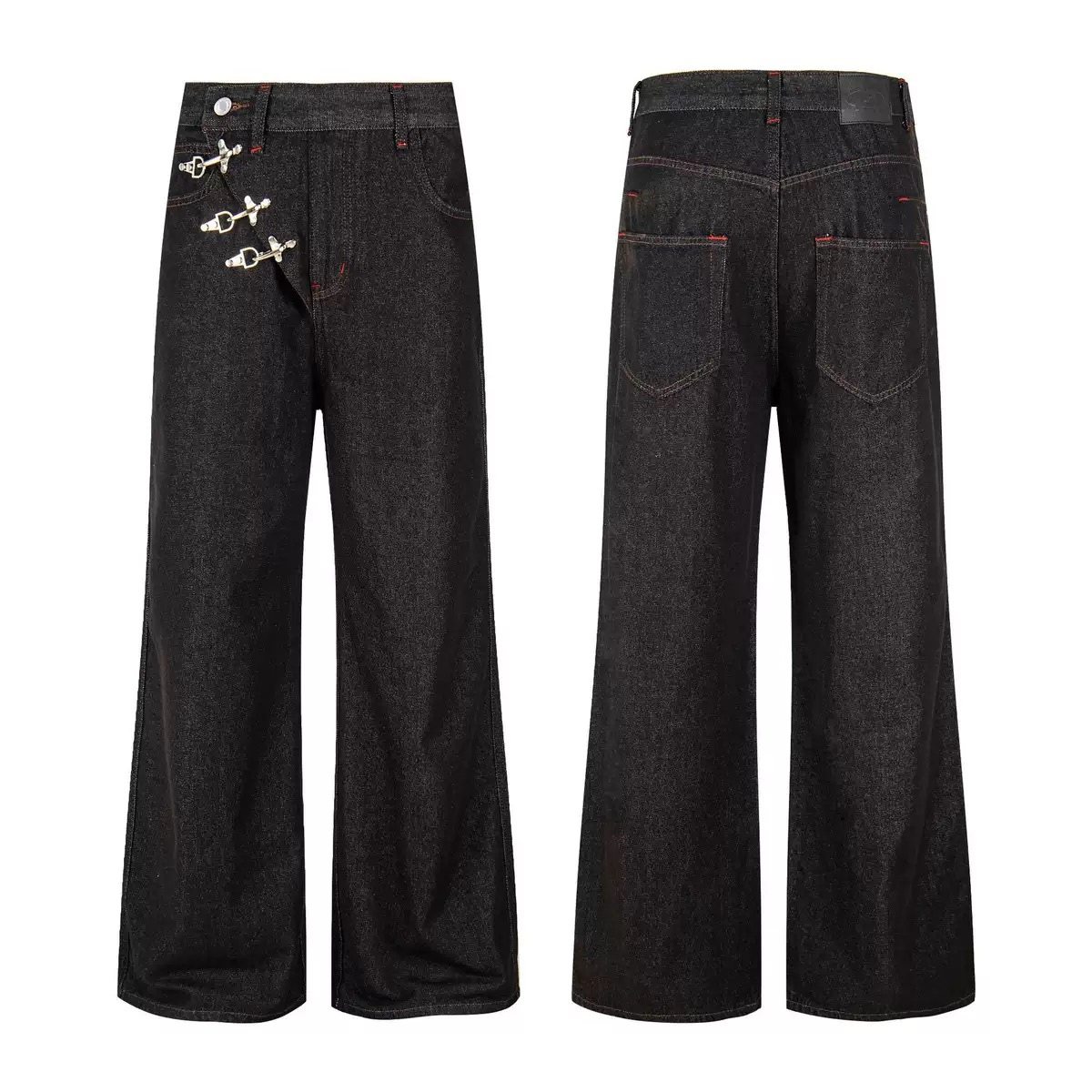 Wide-Leg Dark Denim Jeans with Chain Hardware