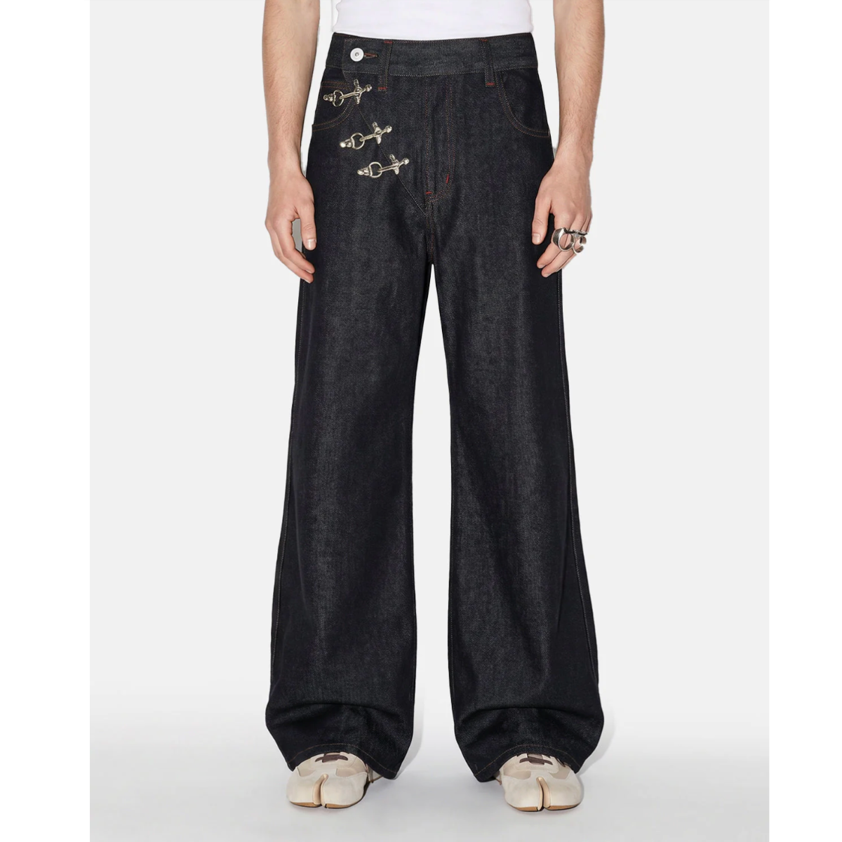 Wide-Leg Dark Denim Jeans with Chain Hardware