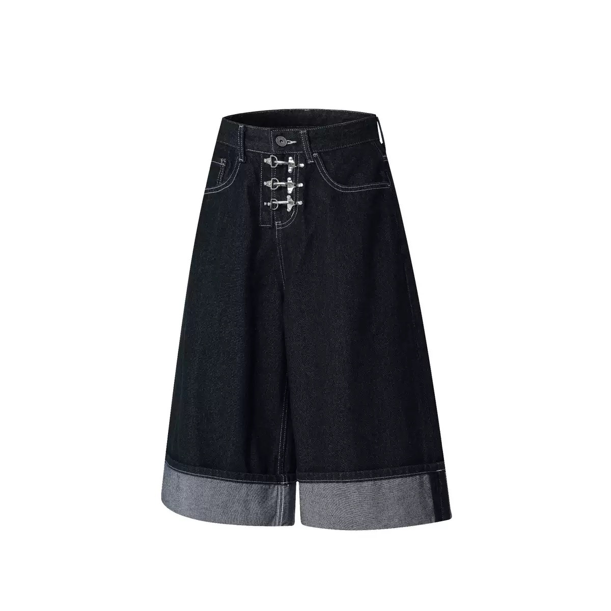 Asymmetric Buckle Wide-Leg Denim Culottes