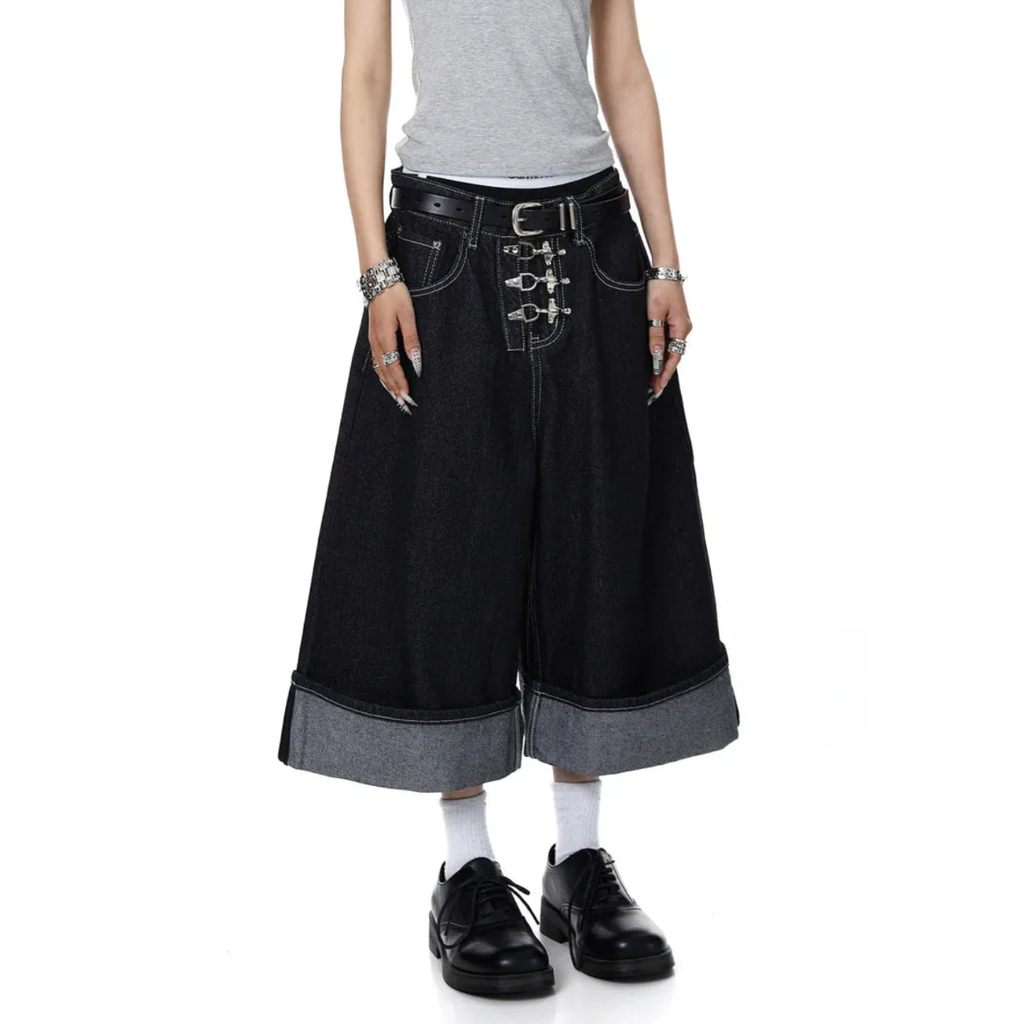 Asymmetric Buckle Wide-Leg Denim Culottes