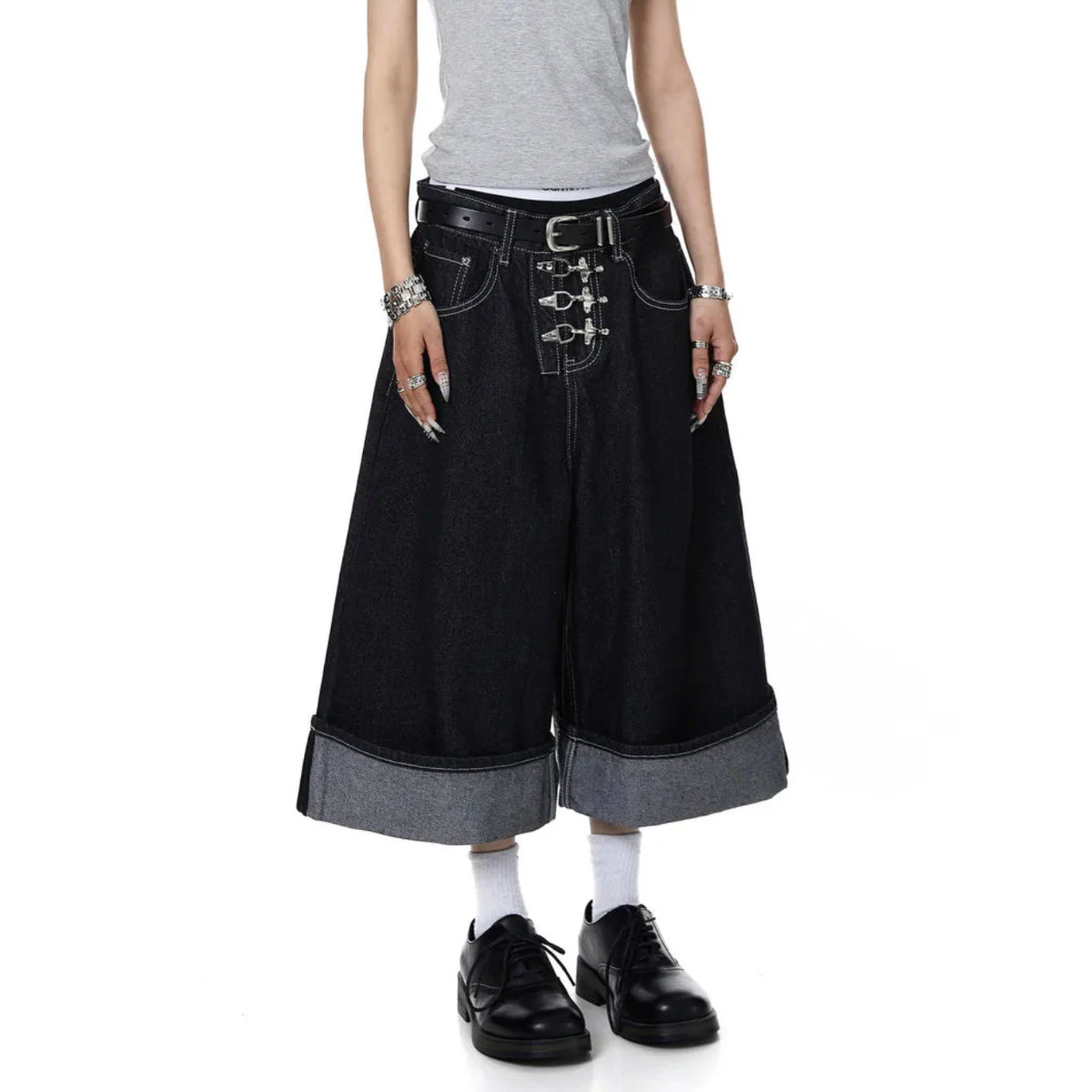 Asymmetric Buckle Wide-Leg Denim Culottes