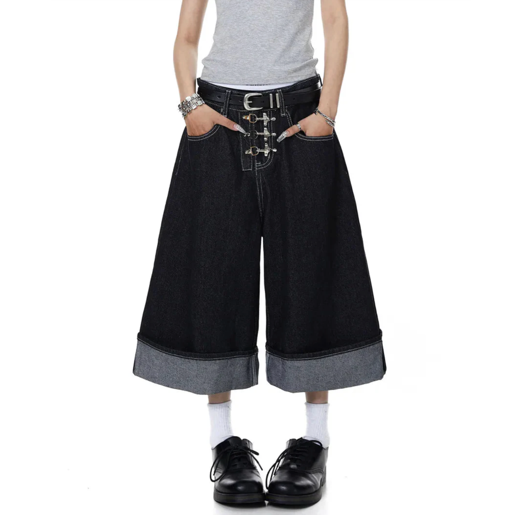 Asymmetric Buckle Wide-Leg Denim Culottes