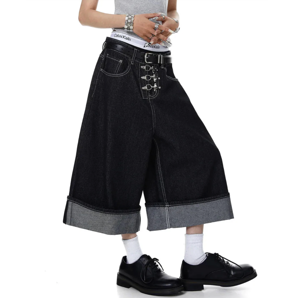 Asymmetric Buckle Wide-Leg Denim Culottes