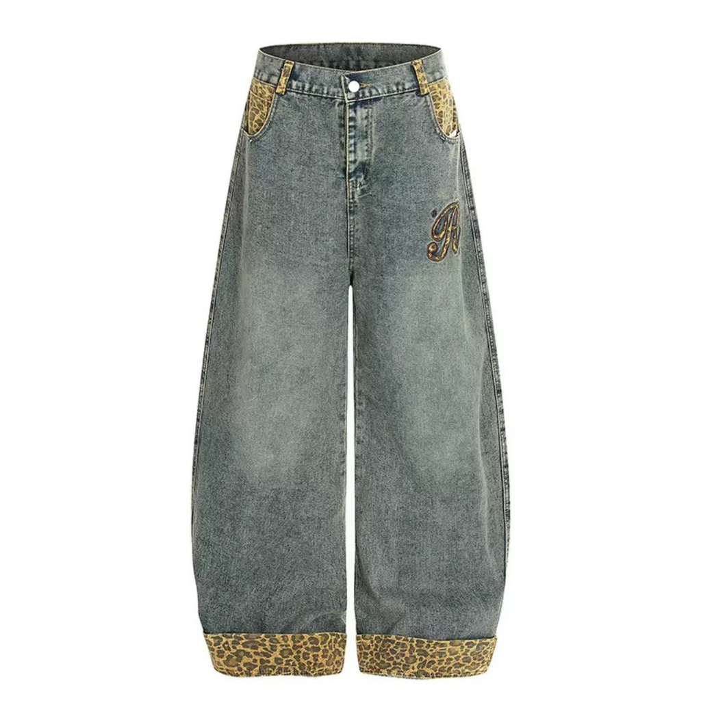 Barrel-Fit Denim Jeans with Leopard Trim & Embroidered Logo