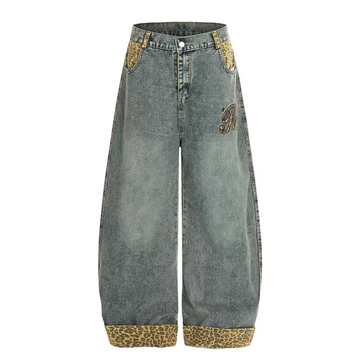 Barrel-Fit Denim Jeans with Leopard Trim & Embroidered Logo