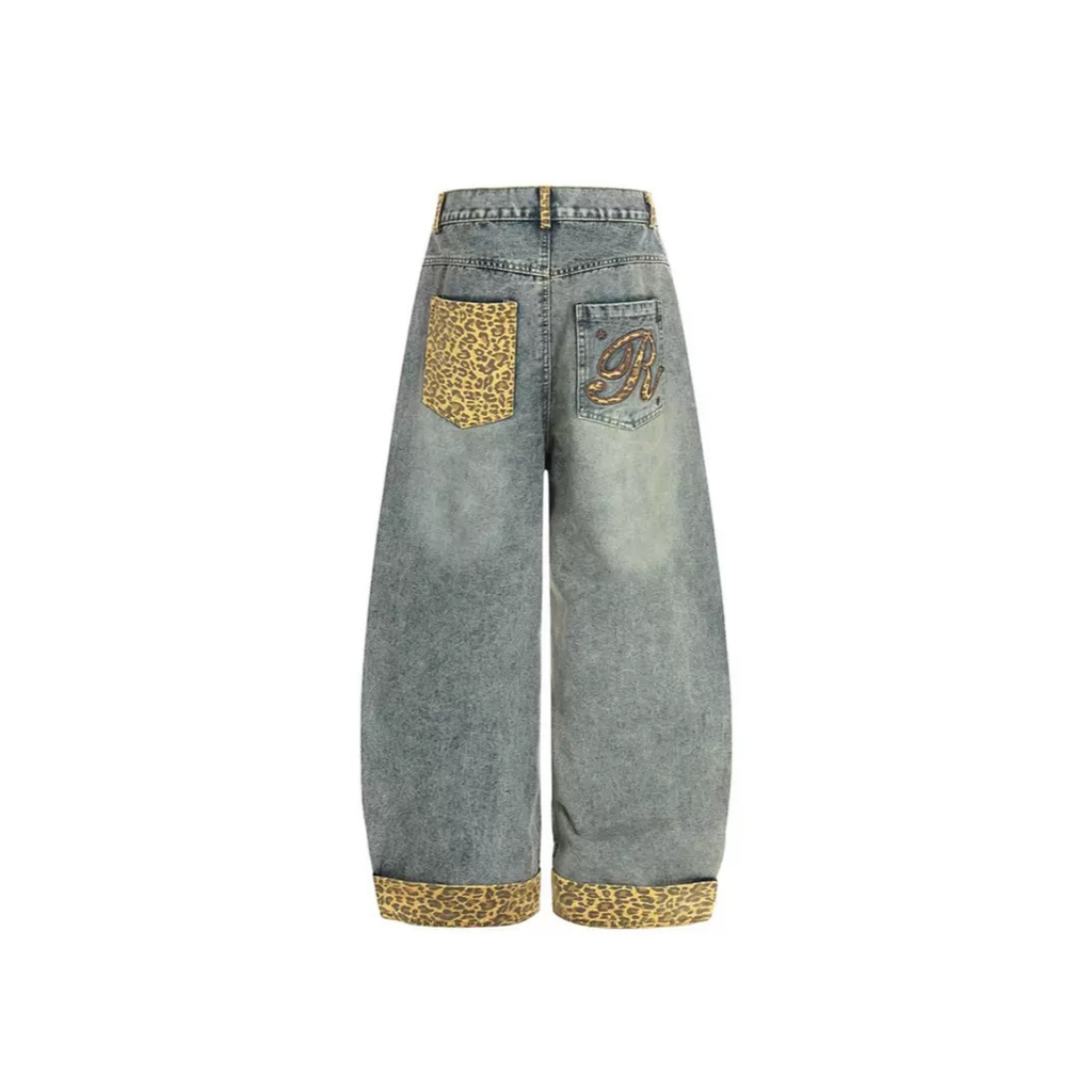 Barrel-Fit Denim Jeans with Leopard Trim & Embroidered Logo