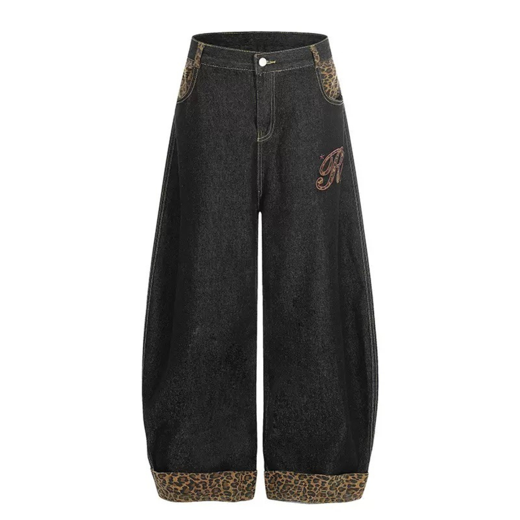 Barrel-Fit Denim Jeans with Leopard Trim & Embroidered Logo
