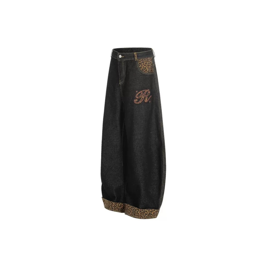 Barrel-Fit Denim Jeans with Leopard Trim & Embroidered Logo