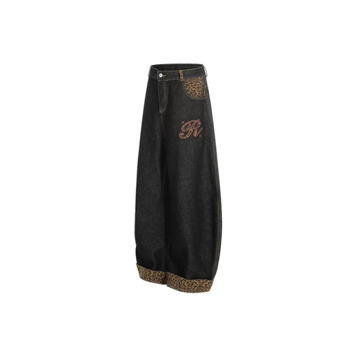 Barrel-Fit Denim Jeans with Leopard Trim & Embroidered Logo