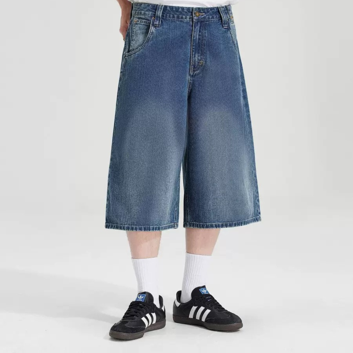 Wide-Leg Denim Bermuda Shorts