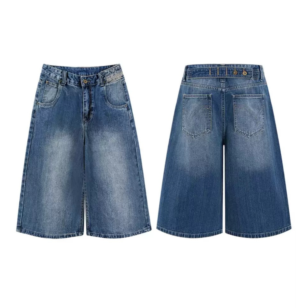 Wide-Leg Denim Bermuda Shorts