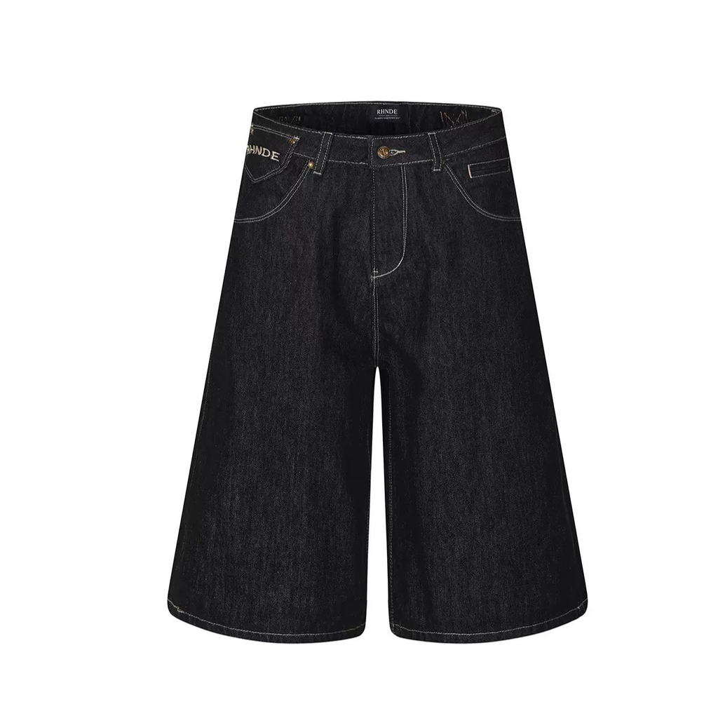 Oversized Dark Denim Shorts with Graphic Embroidery