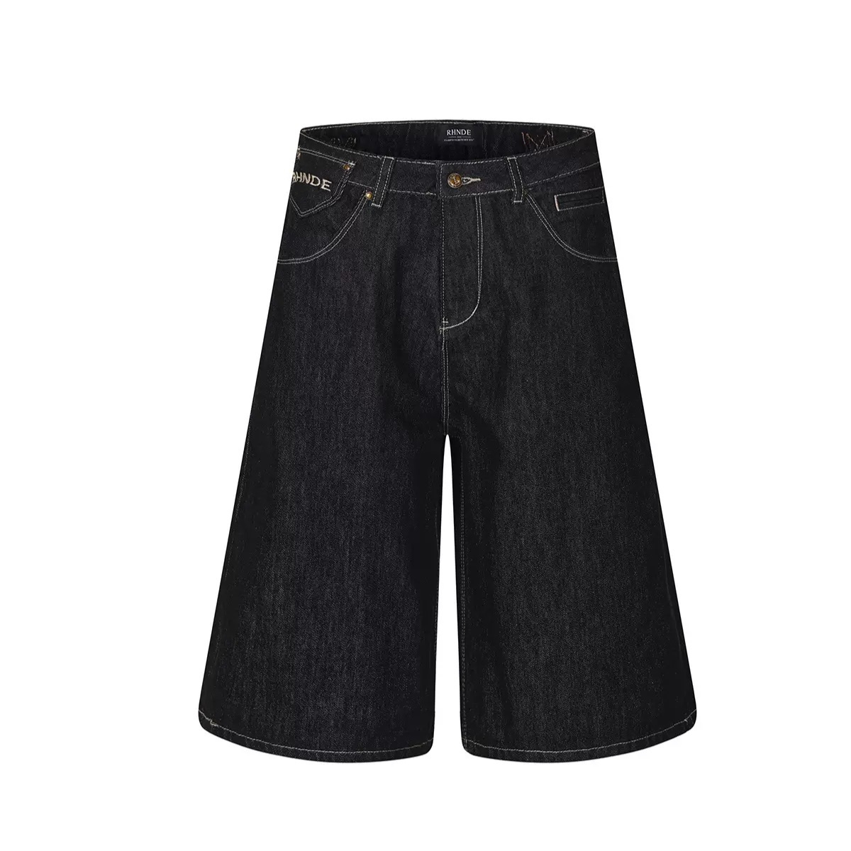 Oversized Dark Denim Shorts with Graphic Embroidery