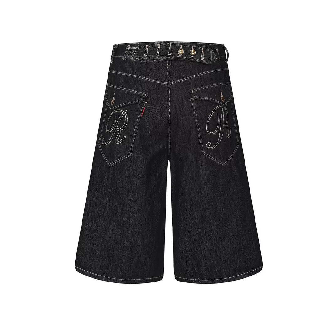 Oversized Dark Denim Shorts with Graphic Embroidery