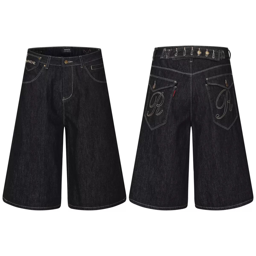 Oversized Dark Denim Shorts with Graphic Embroidery