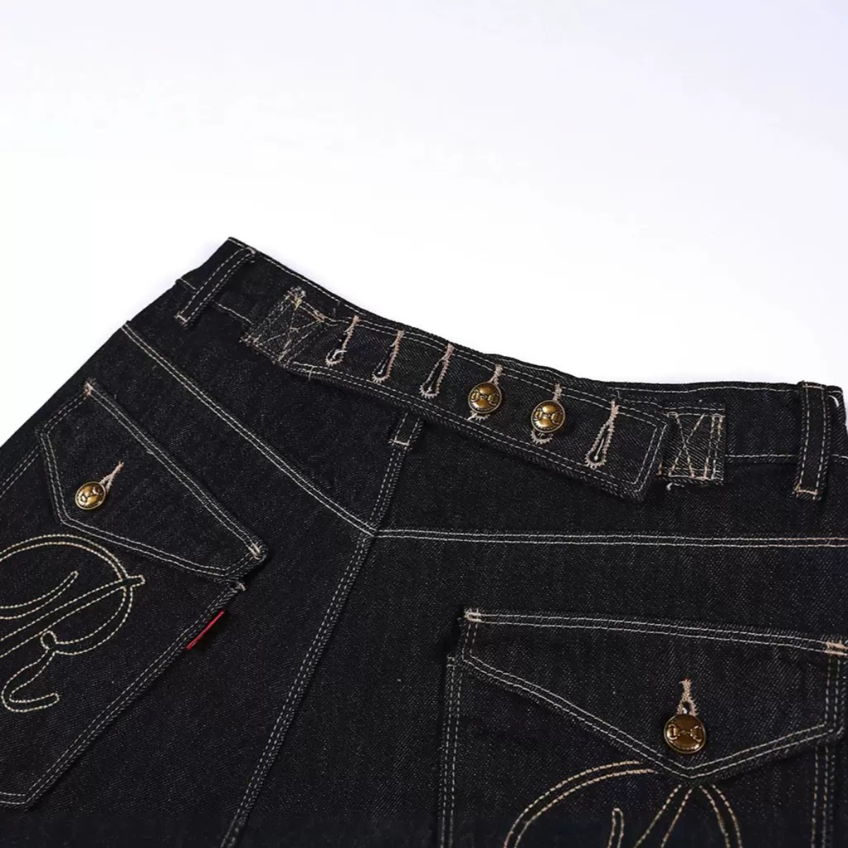 Oversized Dark Denim Shorts with Graphic Embroidery