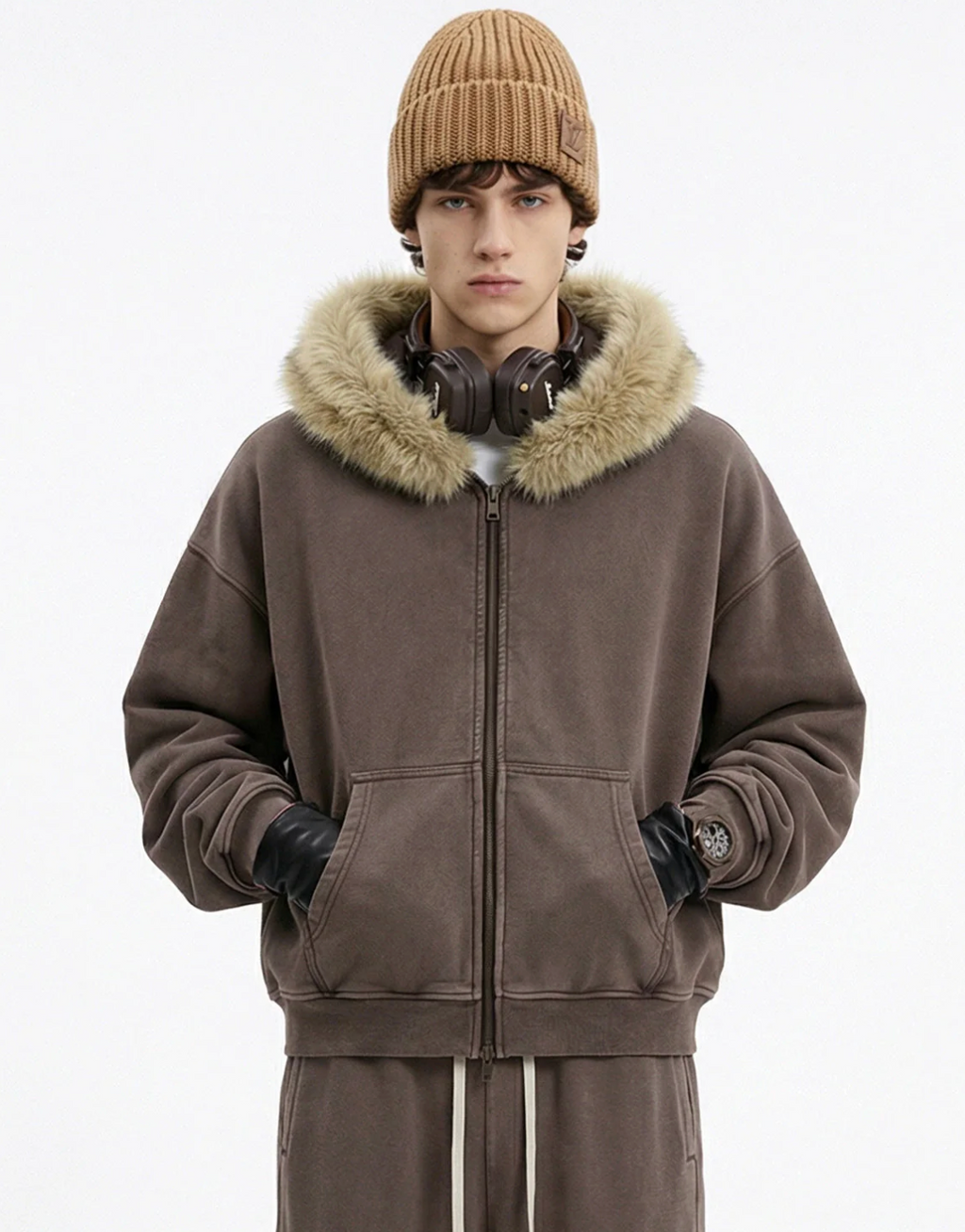 Faux Fur Collar Zip-Up Hoodie
