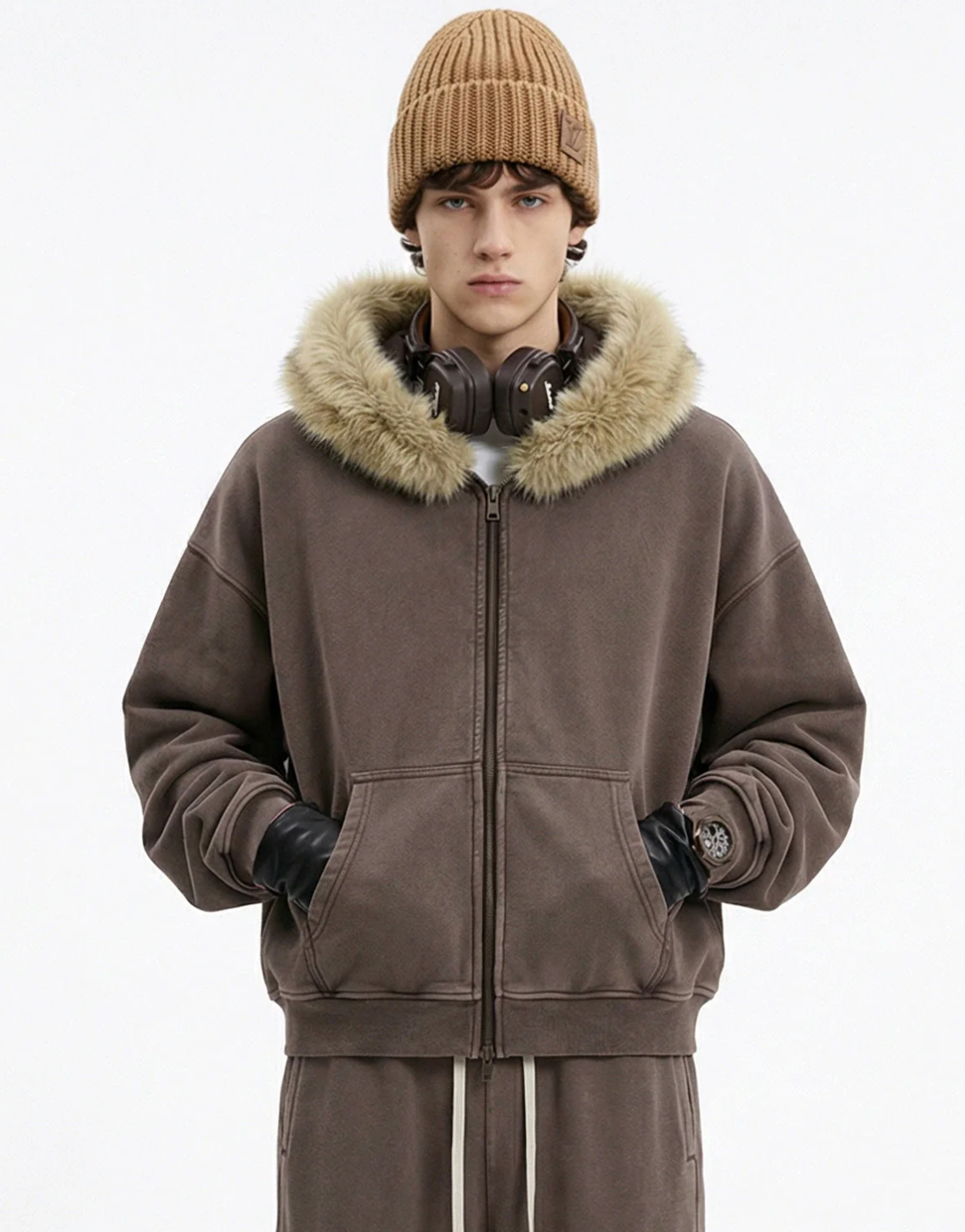 Faux Fur Collar Zip-Up Hoodie