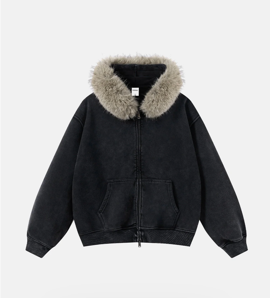 Faux Fur Collar Zip-Up Hoodie
