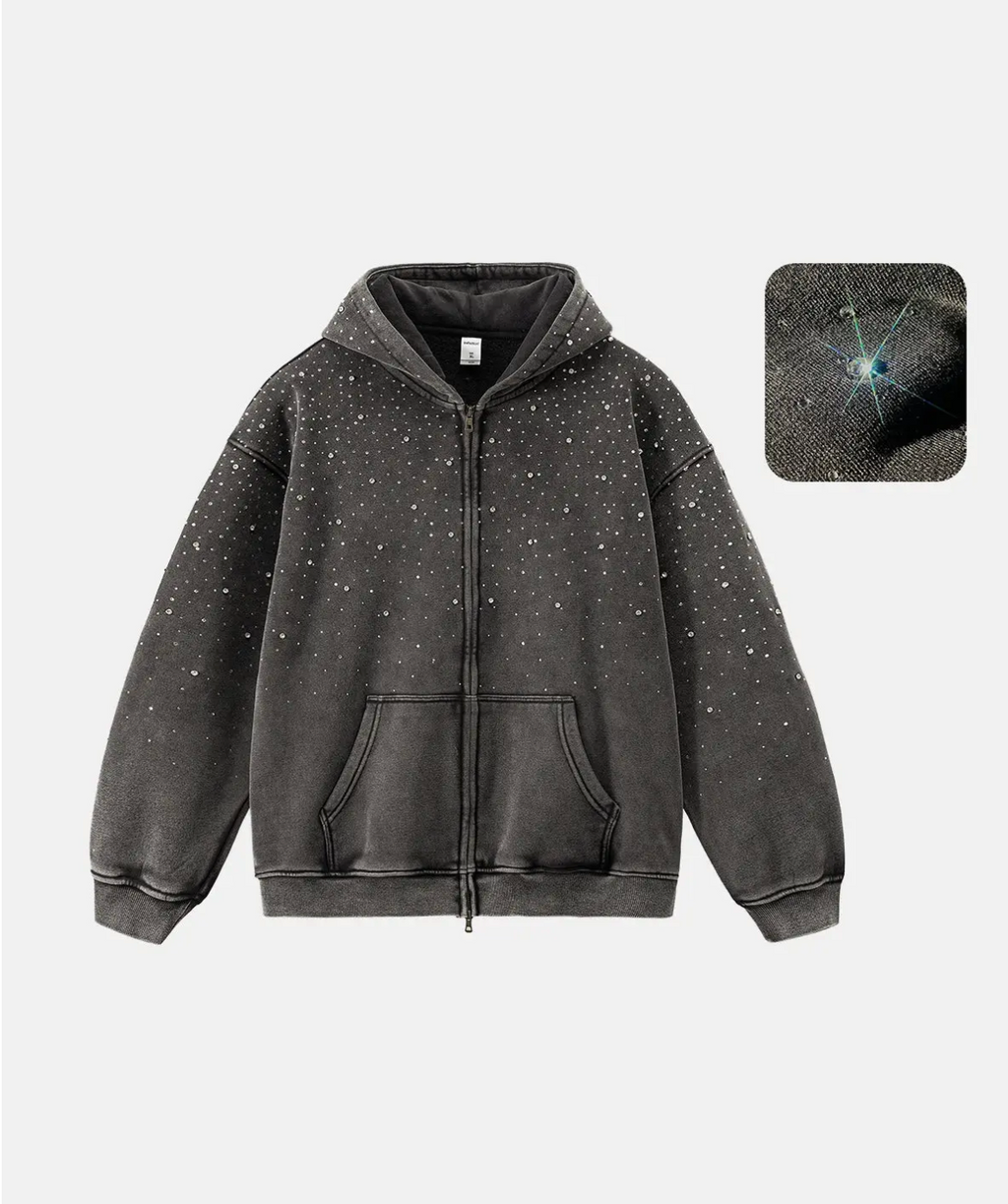 Distressed Rhinestone Zip-Up Hoodie