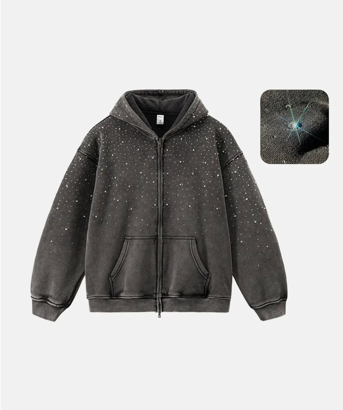 Distressed Rhinestone Zip-Up Hoodie