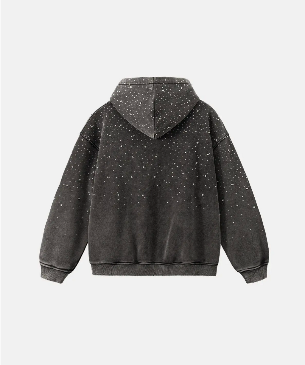 Distressed Rhinestone Zip-Up Hoodie