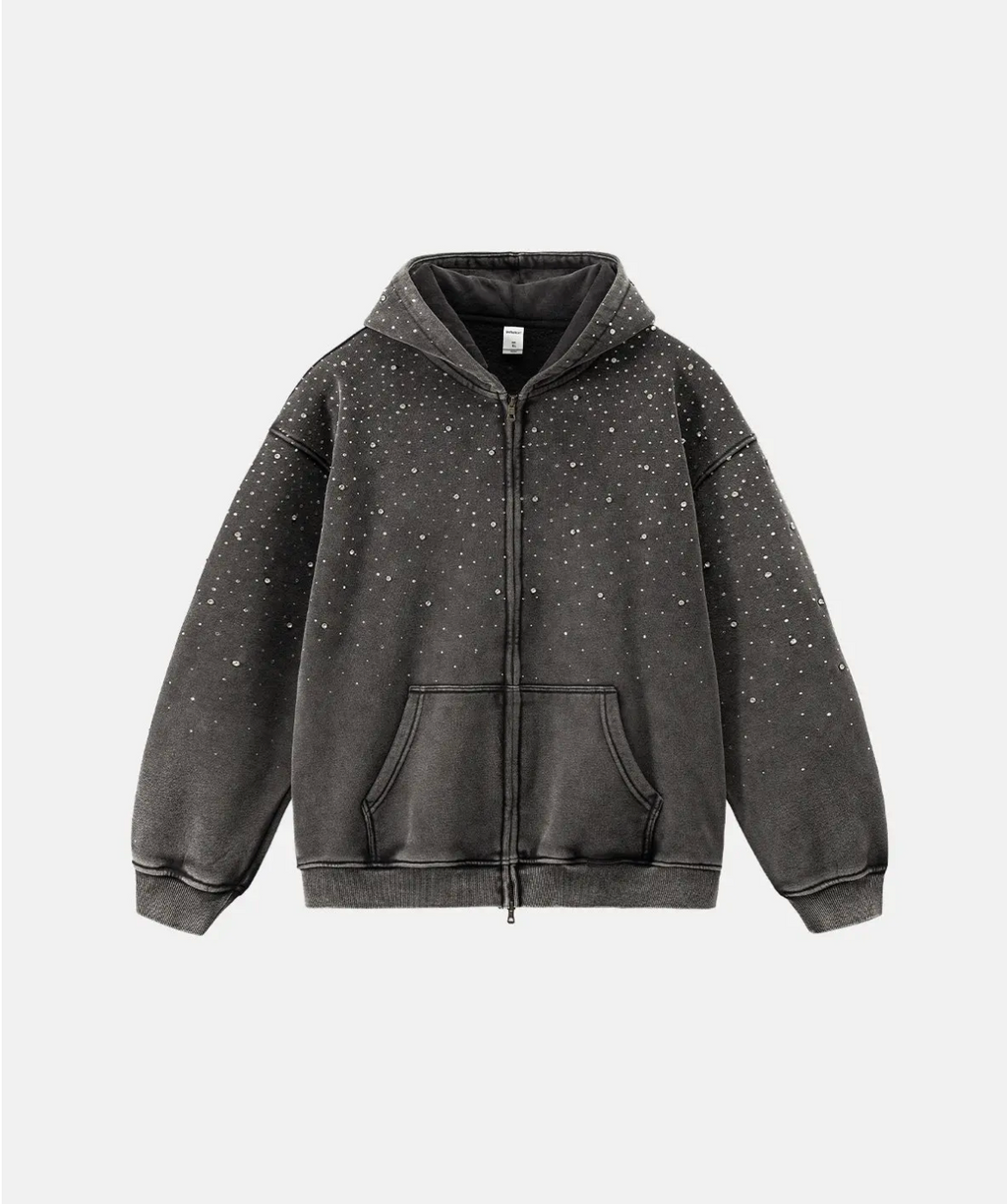 Distressed Rhinestone Zip-Up Hoodie