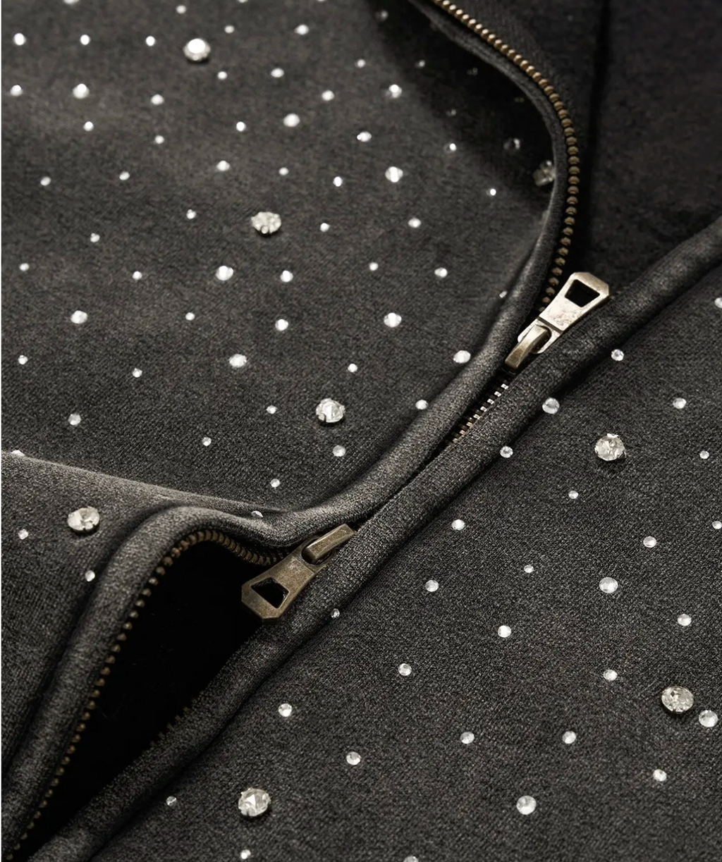 Distressed Rhinestone Zip-Up Hoodie