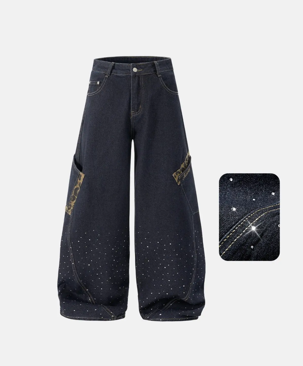 Wide Leg Rhinestone Leopard Pocket Denim Jeans