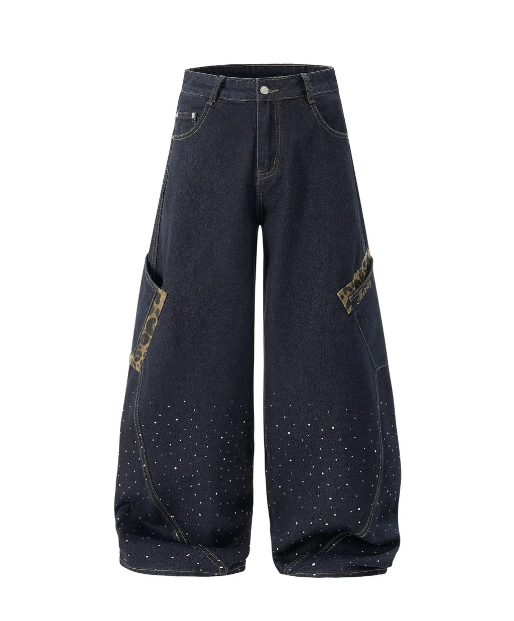 Wide Leg Rhinestone Leopard Pocket Denim Jeans