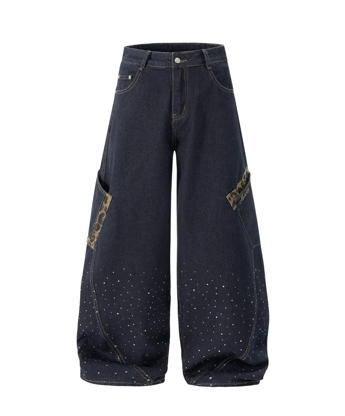 Wide Leg Rhinestone Leopard Pocket Denim Jeans
