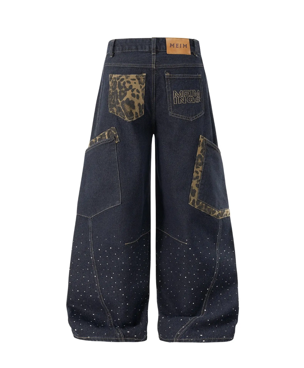Wide Leg Rhinestone Leopard Pocket Denim Jeans