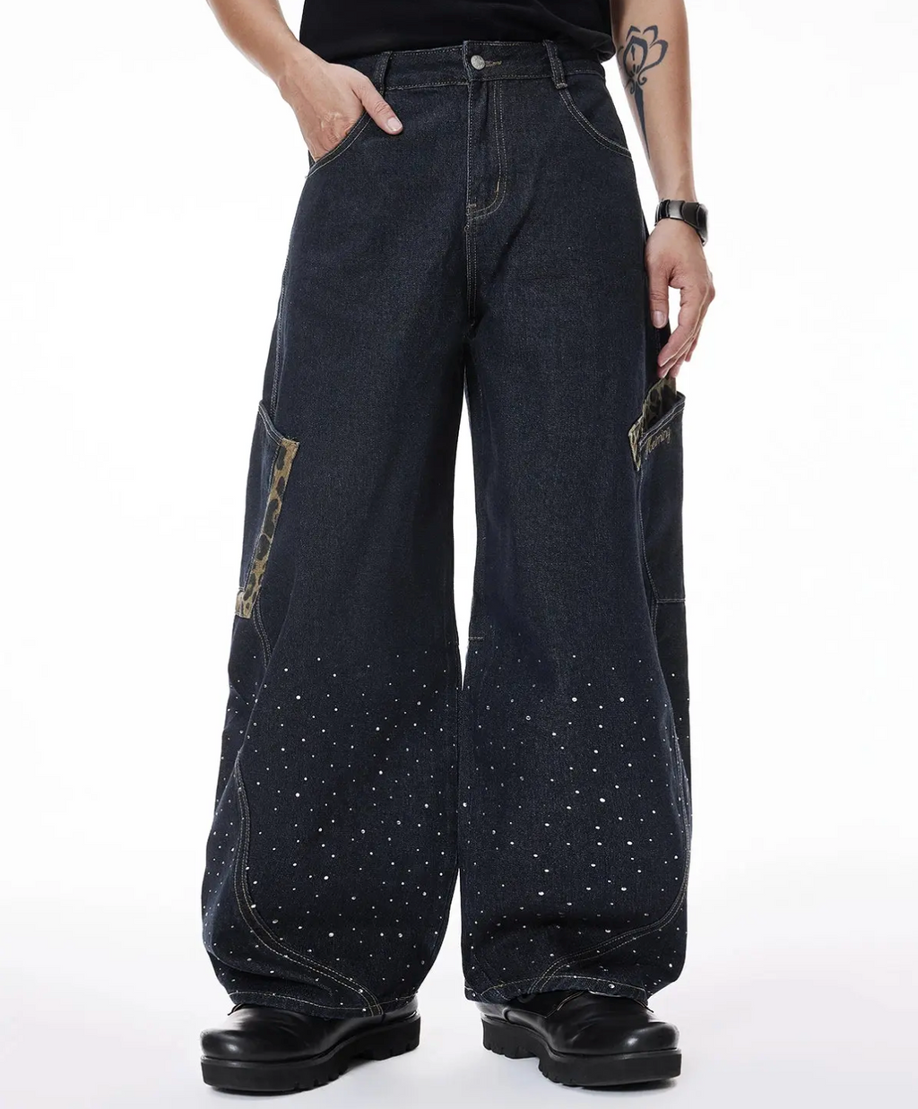 Wide Leg Rhinestone Leopard Pocket Denim Jeans
