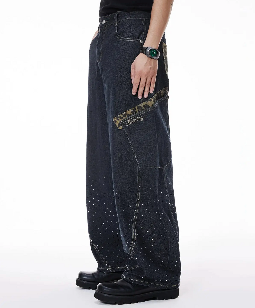 Wide Leg Rhinestone Leopard Pocket Denim Jeans