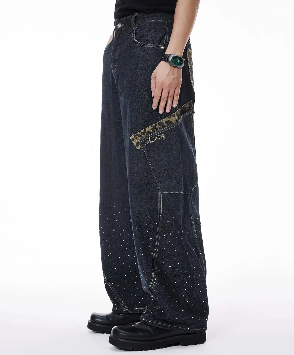Wide Leg Rhinestone Leopard Pocket Denim Jeans