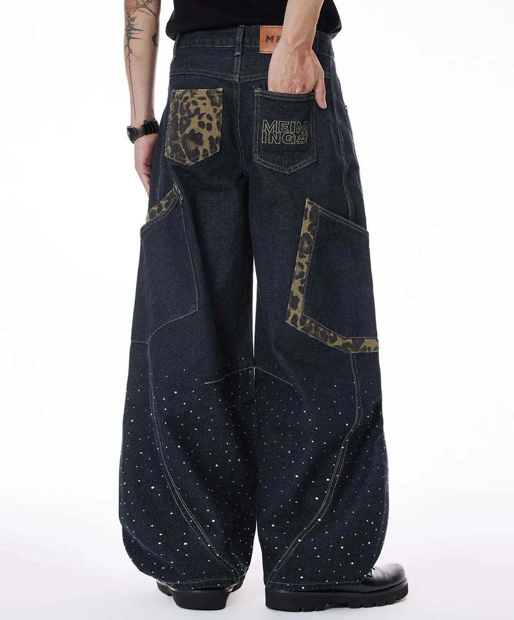Wide Leg Rhinestone Leopard Pocket Denim Jeans