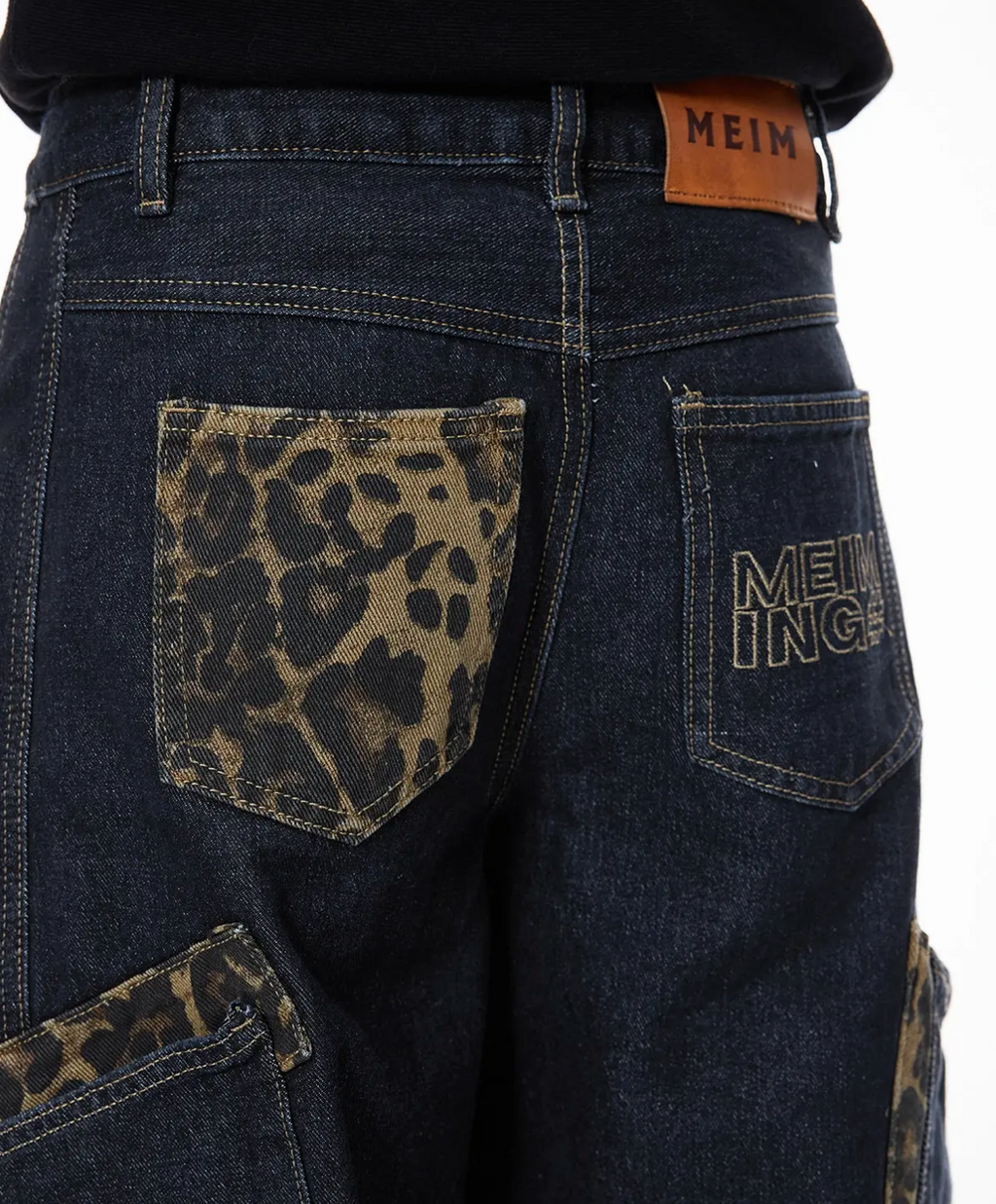 Wide Leg Rhinestone Leopard Pocket Denim Jeans