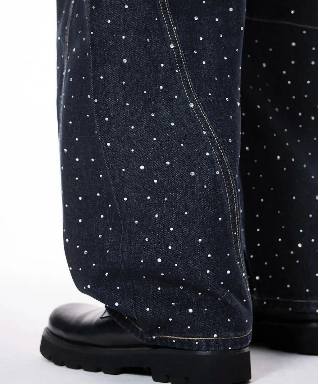 Wide Leg Rhinestone Leopard Pocket Denim Jeans