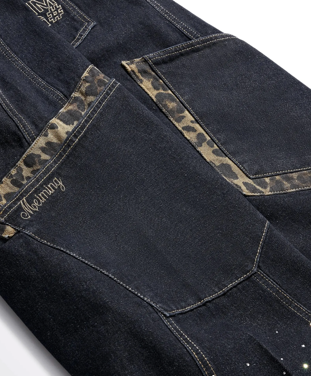 Wide Leg Rhinestone Leopard Pocket Denim Jeans
