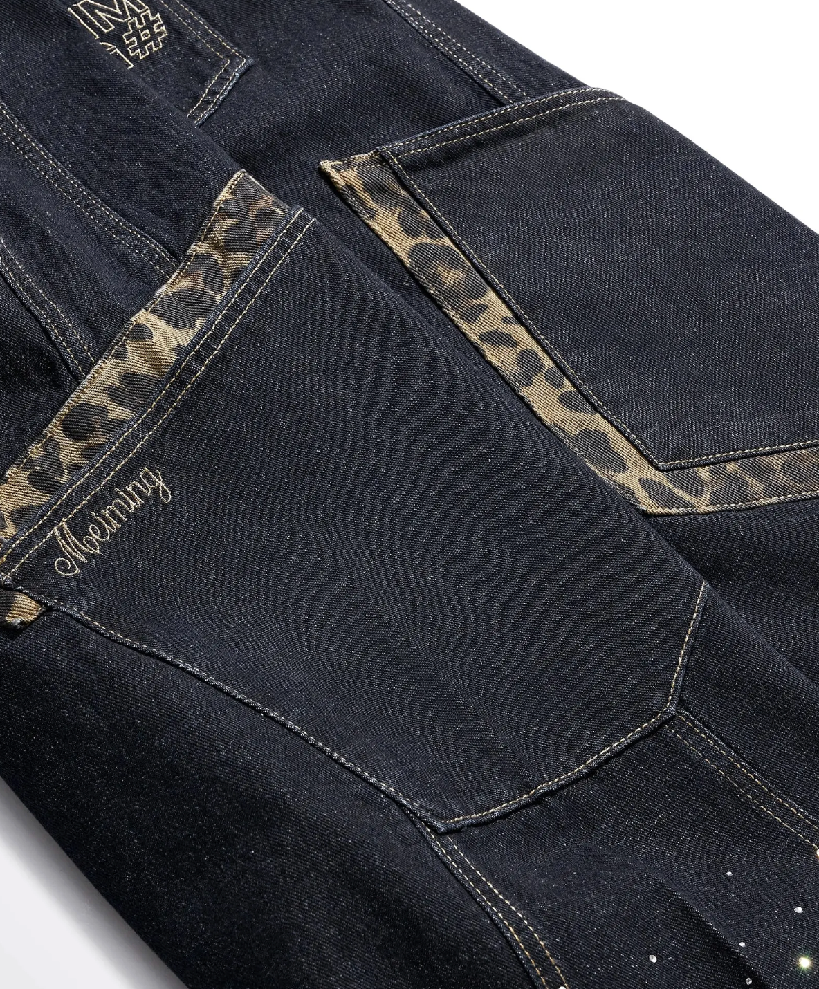 Wide Leg Rhinestone Leopard Pocket Denim Jeans