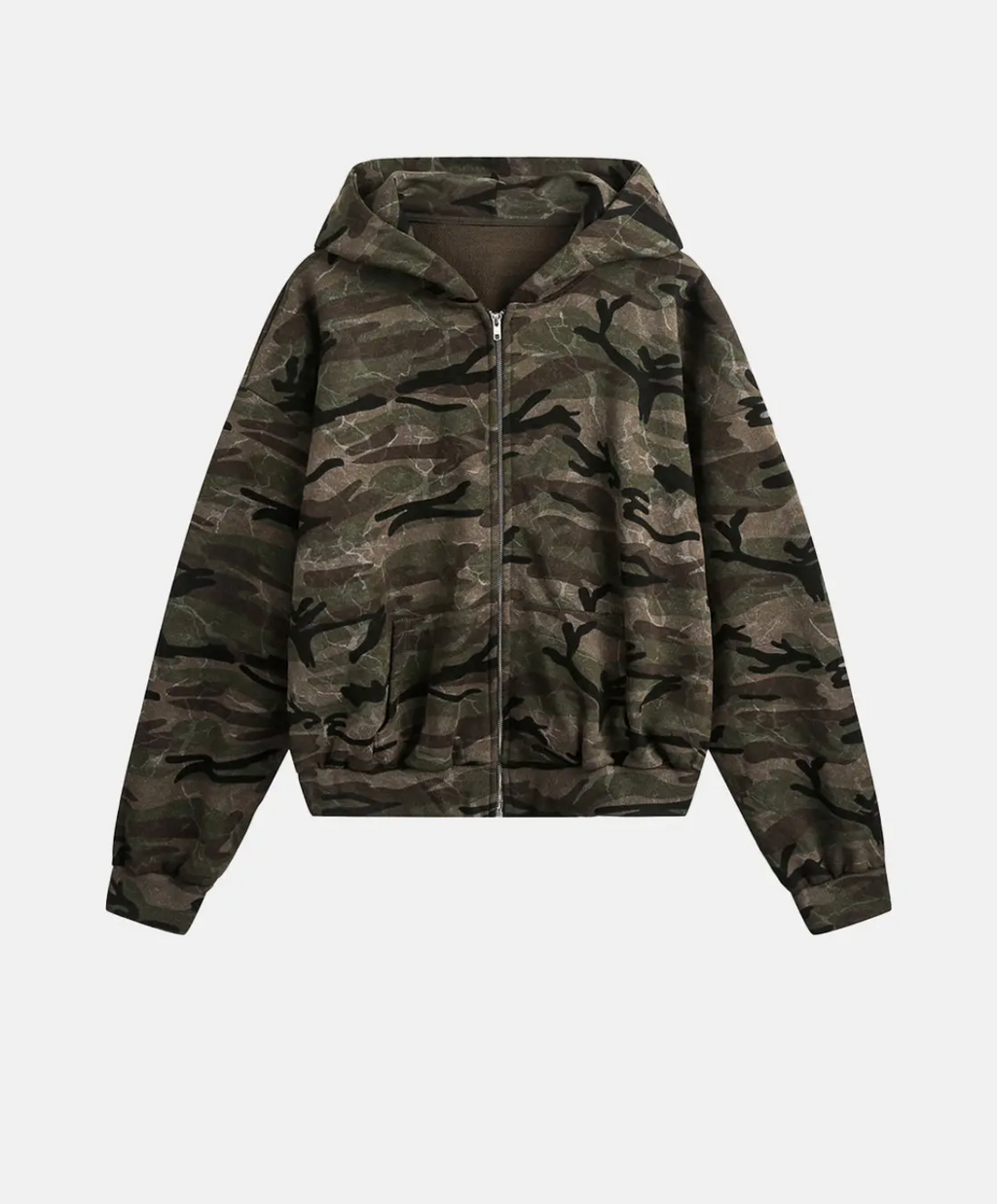 Cropped Camo Zip-Up Hooded Jacket