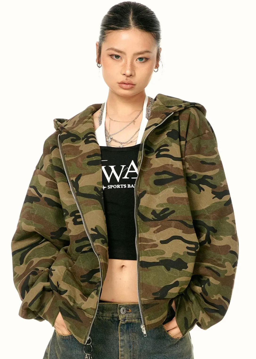 Cropped Camo Zip-Up Hooded Jacket