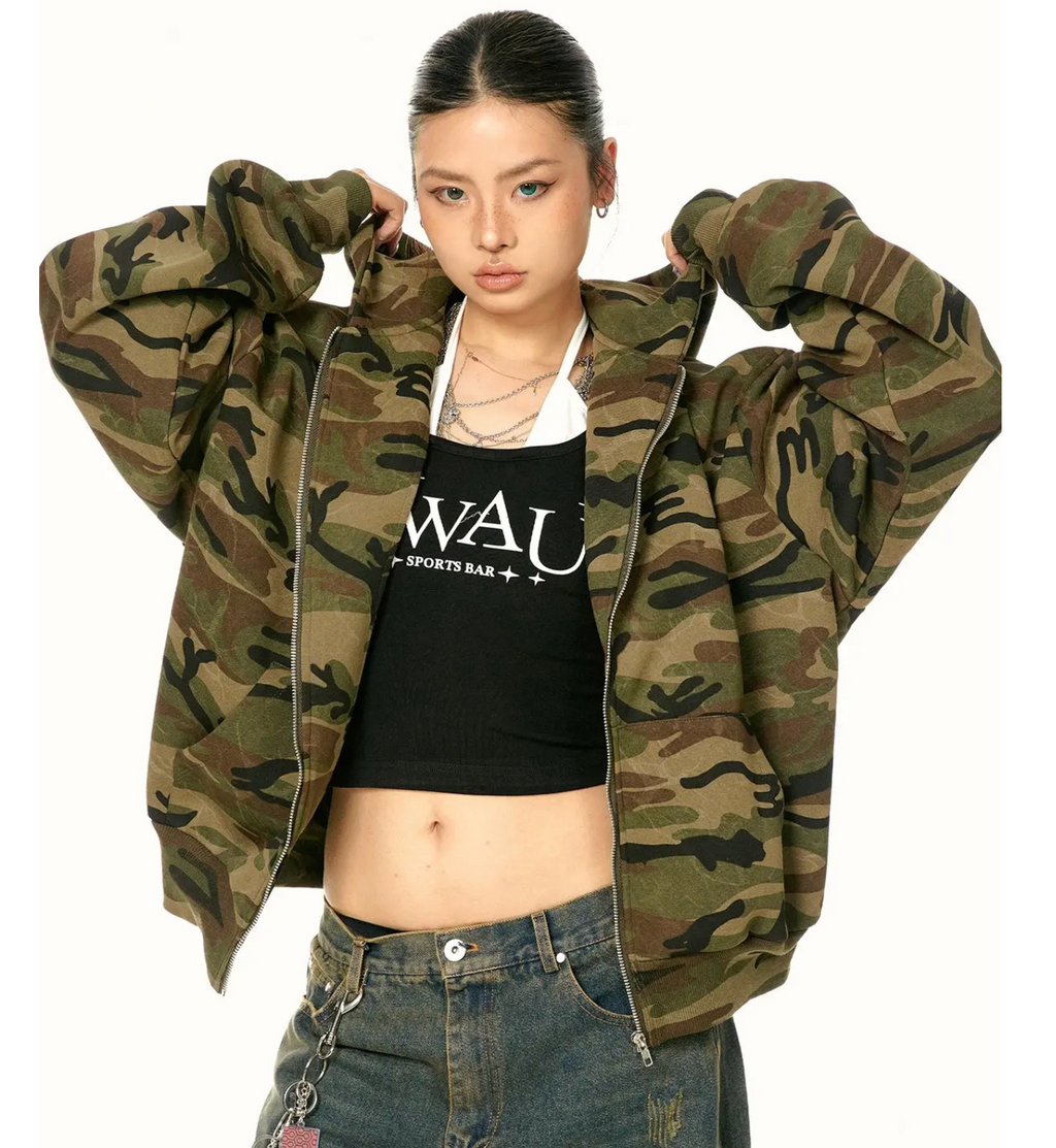 Cropped Camo Zip-Up Hooded Jacket