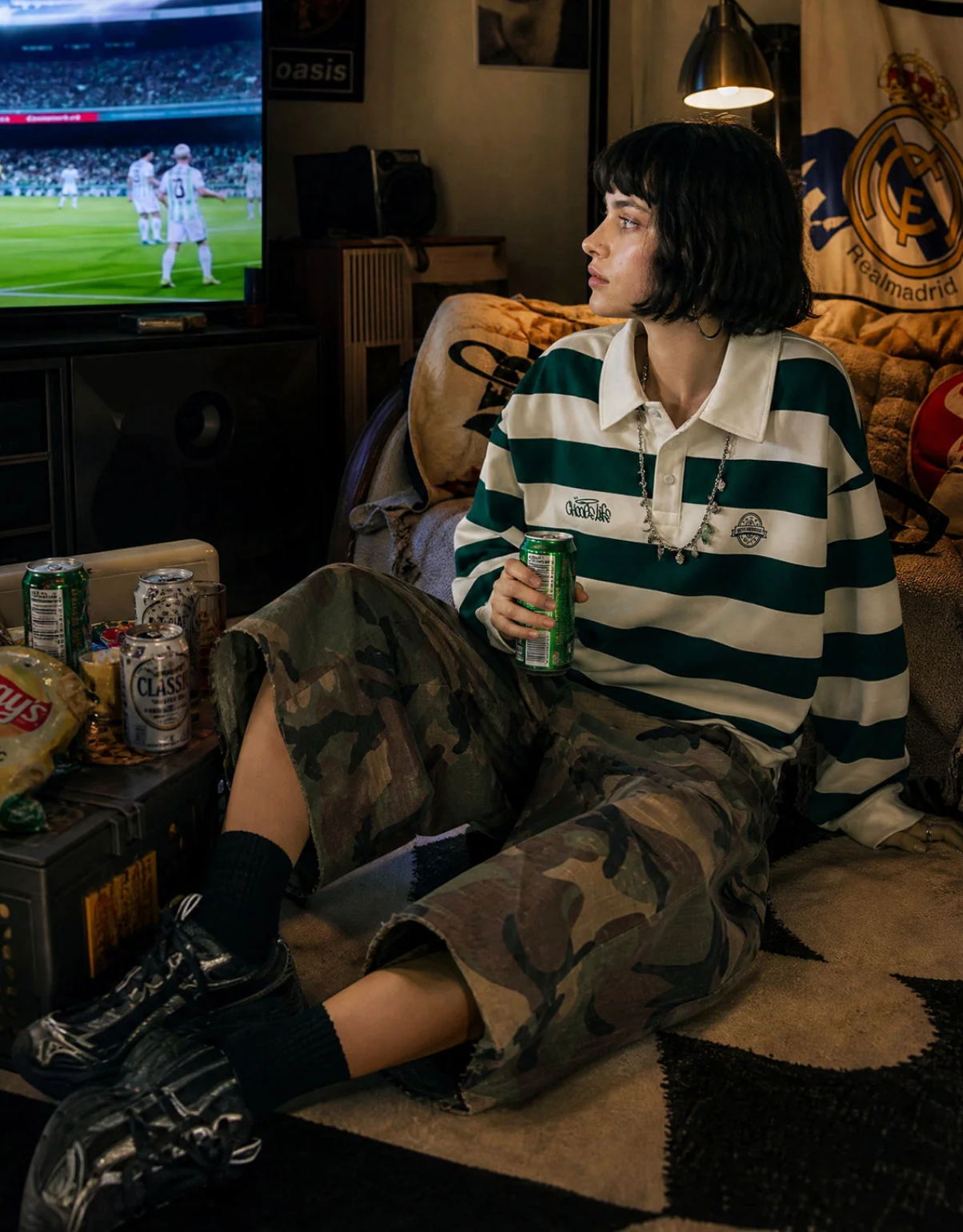 Green Stripe Oversized Rugby Polo Shirt