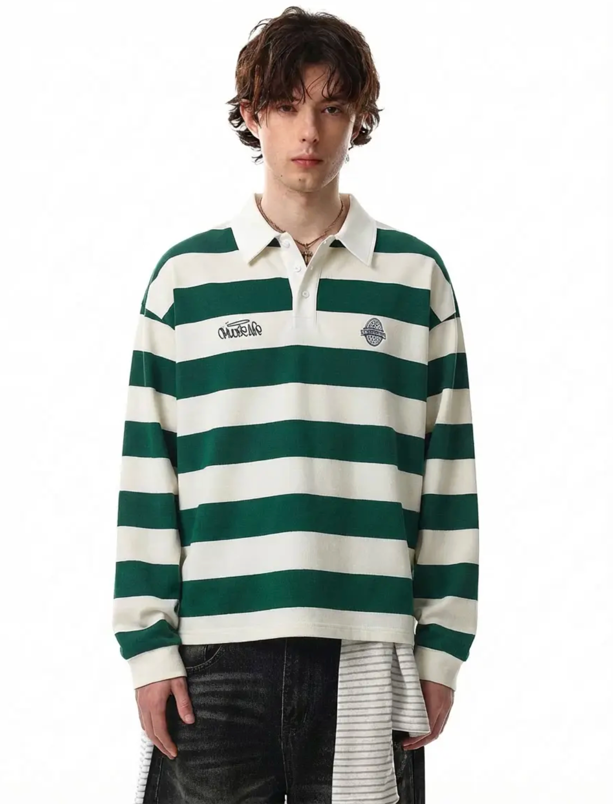 Green Stripe Oversized Rugby Polo Shirt